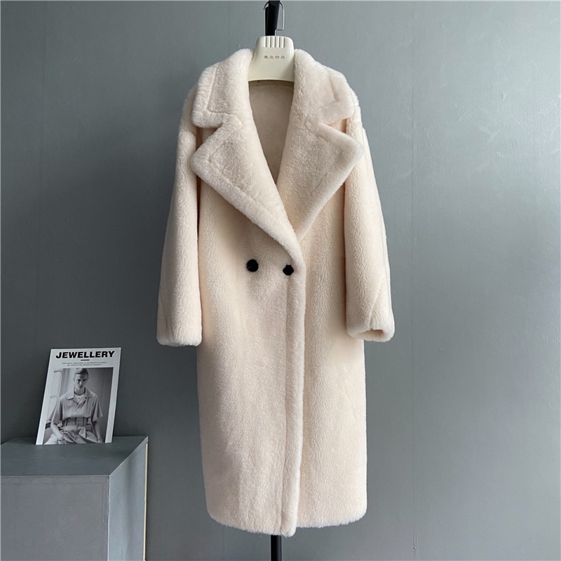 Korean Fashion 100%Wool Coat Women Big Turn-Down Collar Solid Elegant Long Winter Jacket 2022
